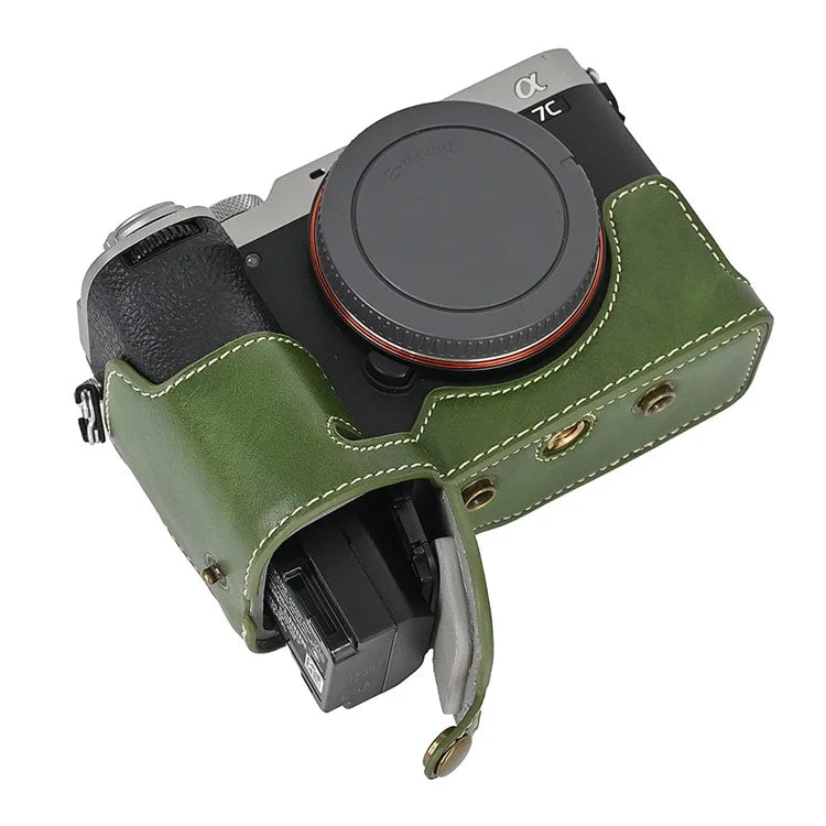For Sony A7C II Detachable Camera Bag PU Leather Battery Opening Case with Lens Bag
