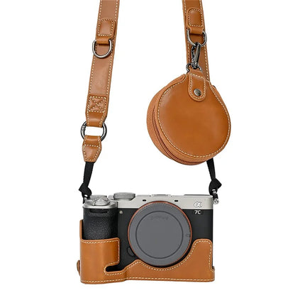 For Sony A7C II Detachable Camera Bag PU Leather Battery Opening Case with Lens Bag
