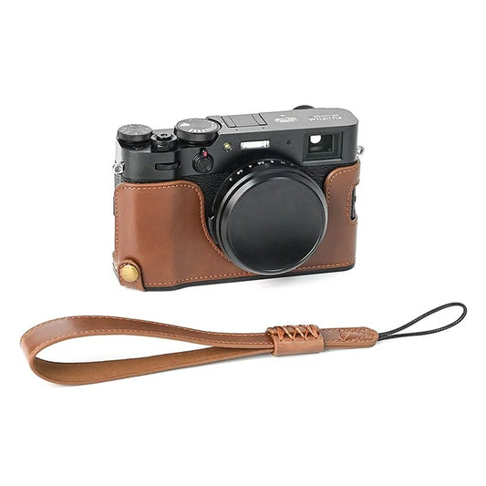 For Fuji X100V Bottom Case Battery Opening Design PU Leather Camera Half Body Cover + Wrist Strap