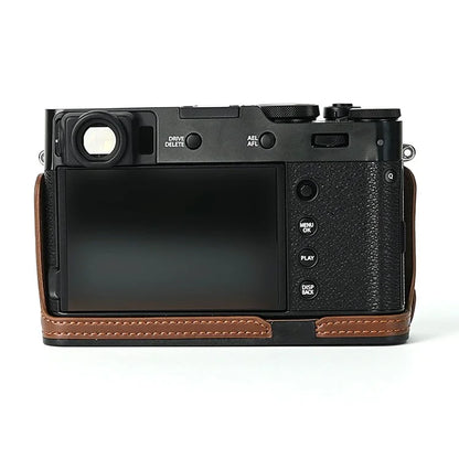For Fuji X100V Bottom Case Battery Opening Design PU Leather Camera Half Body Cover + Wrist Strap
