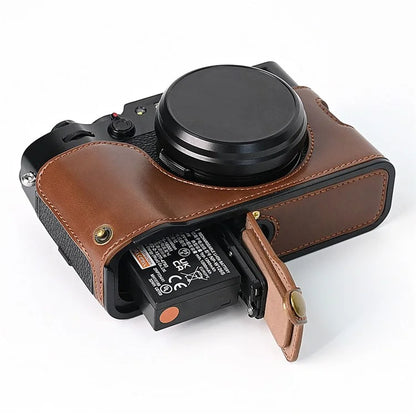 For Fuji X100V Bottom Case Battery Opening Design PU Leather Camera Half Body Cover + Wrist Strap
