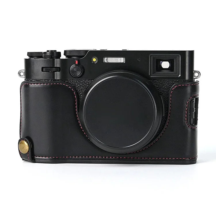For Fuji X100V Bottom Case Battery Opening Design PU Leather Camera Half Body Cover + Wrist Strap