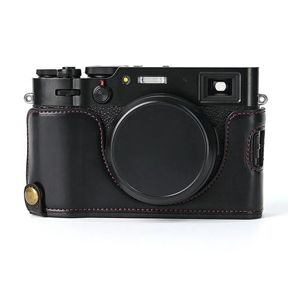 For Fuji X100V Bottom Case Battery Opening Design PU Leather Camera Half Body Cover + Wrist Strap