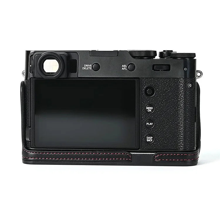 For Fuji X100V Bottom Case Battery Opening Design PU Leather Camera Half Body Cover + Wrist Strap