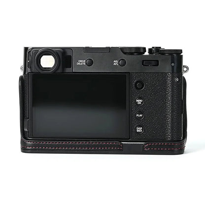 For Fuji X100V Bottom Case Battery Opening Design PU Leather Camera Half Body Cover + Wrist Strap