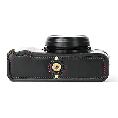 For Fuji X100V Bottom Case Battery Opening Design PU Leather Camera Half Body Cover + Wrist Strap