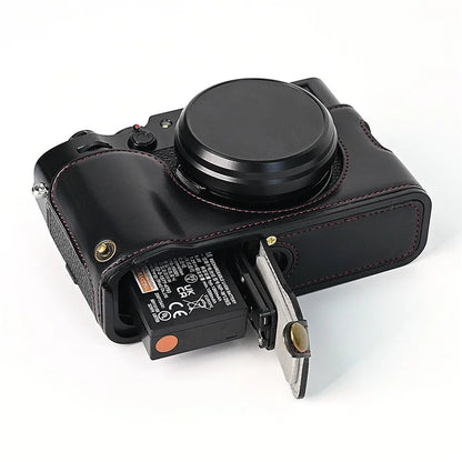 For Fuji X100V Bottom Case Battery Opening Design PU Leather Camera Half Body Cover + Wrist Strap