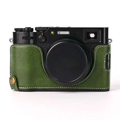 For Fuji X100V Bottom Case Battery Opening Design PU Leather Camera Half Body Cover + Wrist Strap