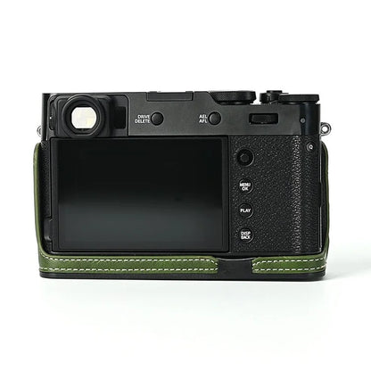 For Fuji X100V Bottom Case Battery Opening Design PU Leather Camera Half Body Cover + Wrist Strap