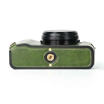 For Fuji X100V Bottom Case Battery Opening Design PU Leather Camera Half Body Cover + Wrist Strap