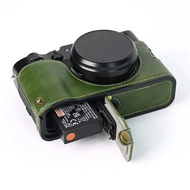 For Fuji X100V Bottom Case Battery Opening Design PU Leather Camera Half Body Cover + Wrist Strap