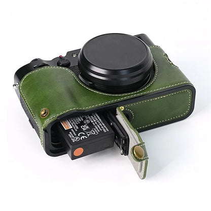 For Fuji X100V Bottom Case Battery Opening Design PU Leather Camera Half Body Cover + Wrist Strap