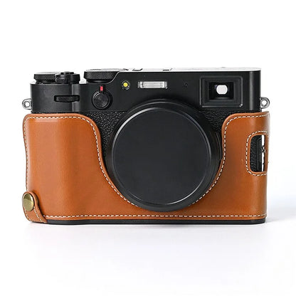 For Fuji X100V Bottom Case Battery Opening Design PU Leather Camera Half Body Cover + Wrist Strap