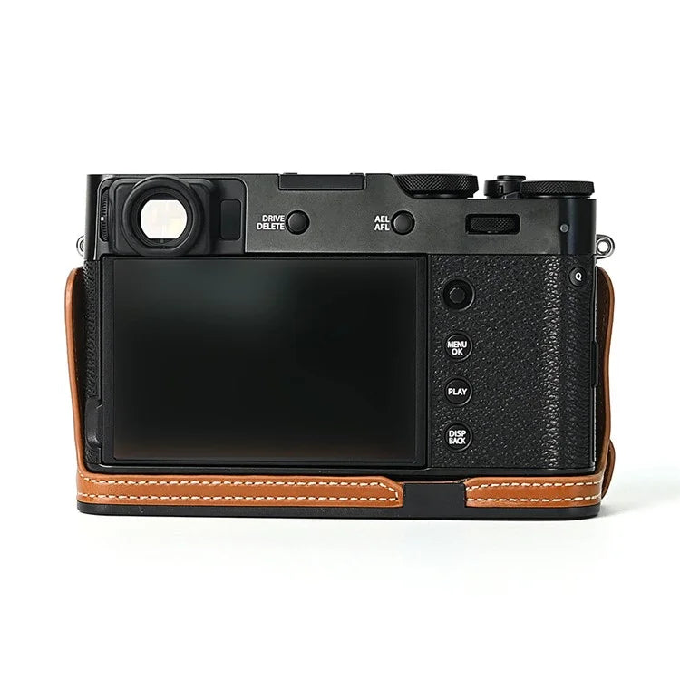 For Fuji X100V Bottom Case Battery Opening Design PU Leather Camera Half Body Cover + Wrist Strap