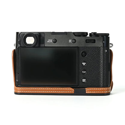 For Fuji X100V Bottom Case Battery Opening Design PU Leather Camera Half Body Cover + Wrist Strap