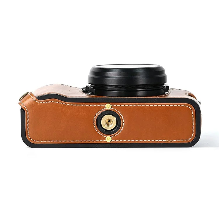 For Fuji X100V Bottom Case Battery Opening Design PU Leather Camera Half Body Cover + Wrist Strap