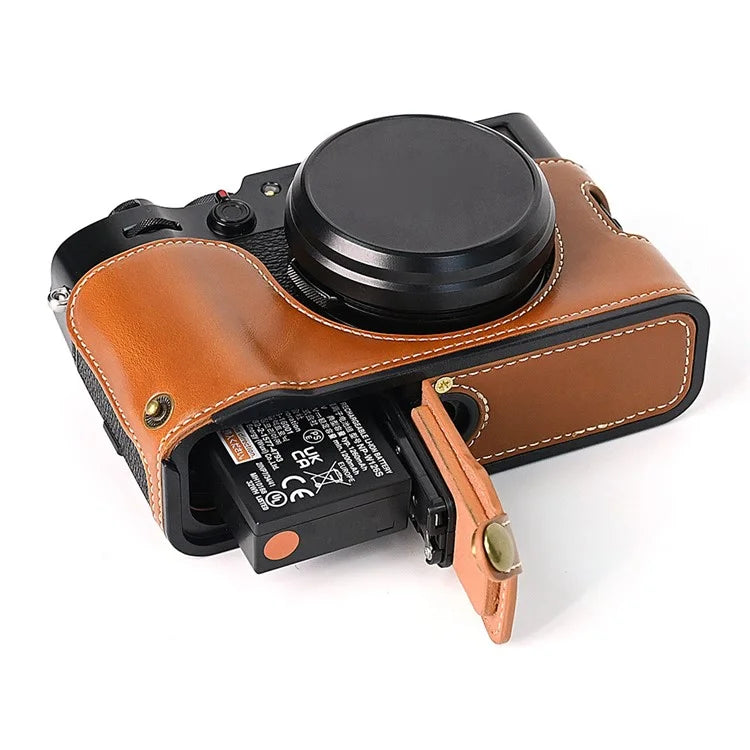 For Fuji X100V Bottom Case Battery Opening Design PU Leather Camera Half Body Cover + Wrist Strap