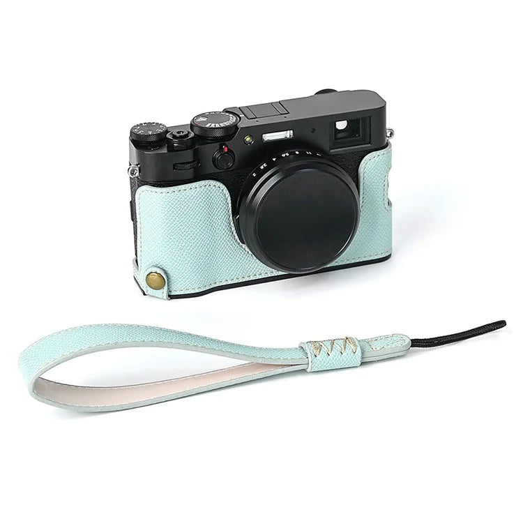 For Fuji X100V Battery Opening Design Palm Texture PU Leather Camera Case Half Body Bottom Case with Wrist Strap