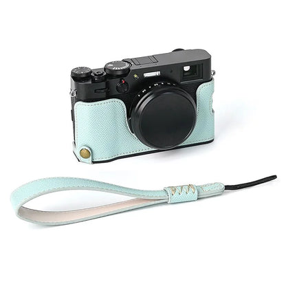 For Fuji X100V Battery Opening Design Palm Texture PU Leather Camera Case Half Body Bottom Case with Wrist Strap