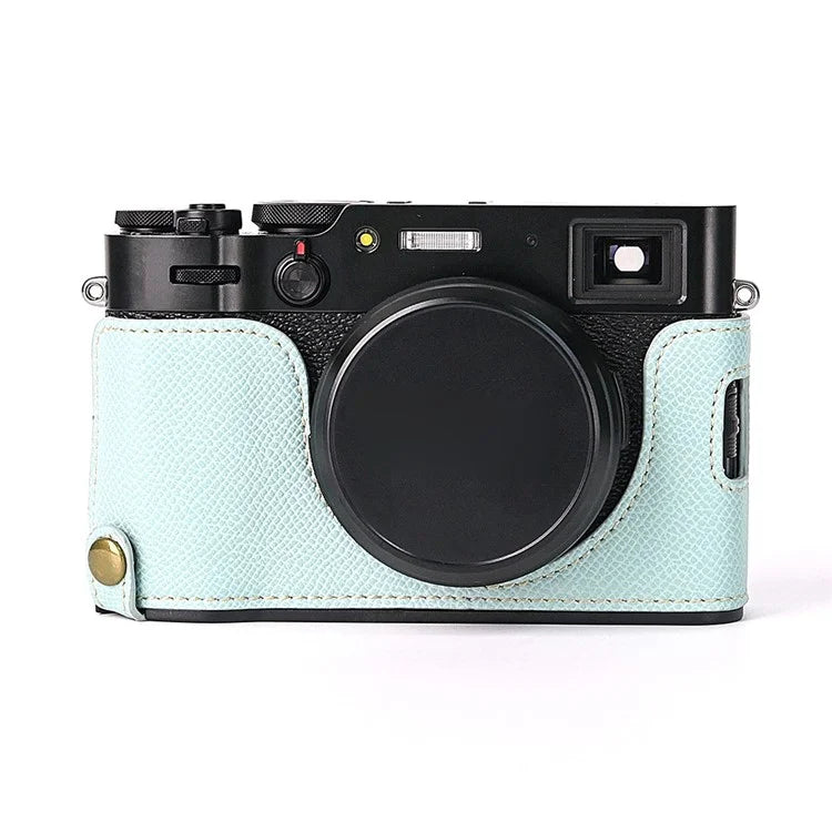 For Fuji X100V Battery Opening Design Palm Texture PU Leather Camera Case Half Body Bottom Case with Wrist Strap