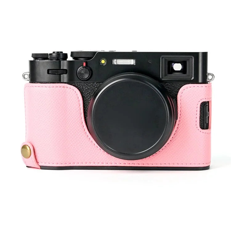 For Fuji X100V Battery Opening Design Palm Texture PU Leather Camera Case Half Body Bottom Case with Wrist Strap