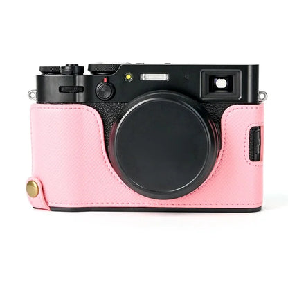 For Fuji X100V Battery Opening Design Palm Texture PU Leather Camera Case Half Body Bottom Case with Wrist Strap