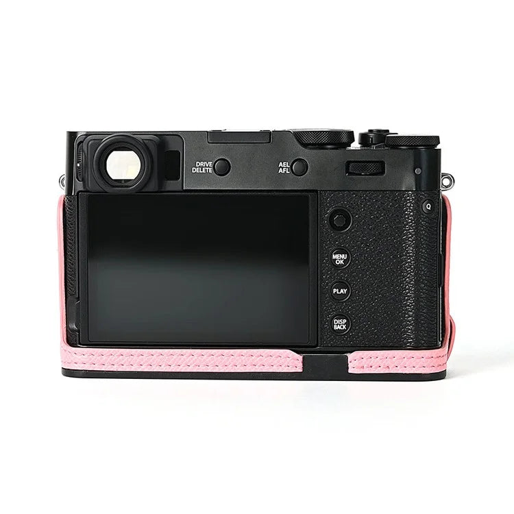 For Fuji X100V Battery Opening Design Palm Texture PU Leather Camera Case Half Body Bottom Case with Wrist Strap