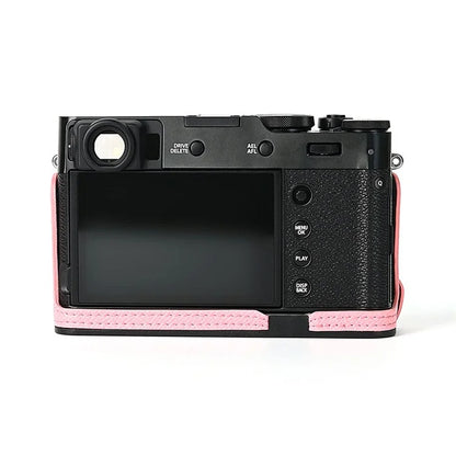 For Fuji X100V Battery Opening Design Palm Texture PU Leather Camera Case Half Body Bottom Case with Wrist Strap