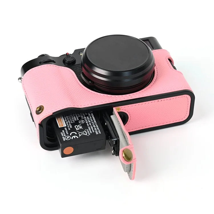 For Fuji X100V Battery Opening Design Palm Texture PU Leather Camera Case Half Body Bottom Case with Wrist Strap