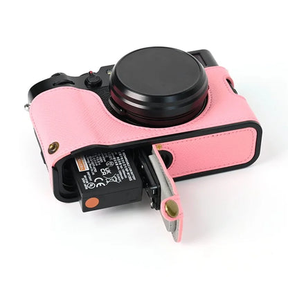 For Fuji X100V Battery Opening Design Palm Texture PU Leather Camera Case Half Body Bottom Case with Wrist Strap