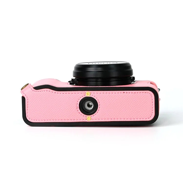 For Fuji X100V Battery Opening Design Palm Texture PU Leather Camera Case Half Body Bottom Case with Wrist Strap
