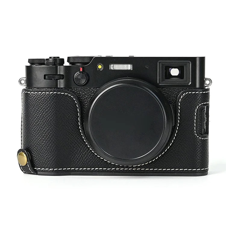 For Fuji X100V Battery Opening Design Palm Texture PU Leather Camera Case Half Body Bottom Case with Wrist Strap