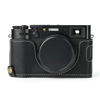 For Fuji X100V Battery Opening Design Palm Texture PU Leather Camera Case Half Body Bottom Case with Wrist Strap