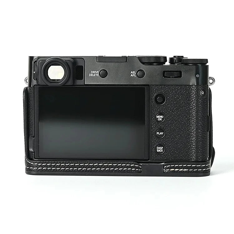 For Fuji X100V Battery Opening Design Palm Texture PU Leather Camera Case Half Body Bottom Case with Wrist Strap