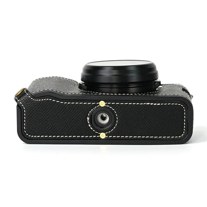For Fuji X100V Battery Opening Design Palm Texture PU Leather Camera Case Half Body Bottom Case with Wrist Strap