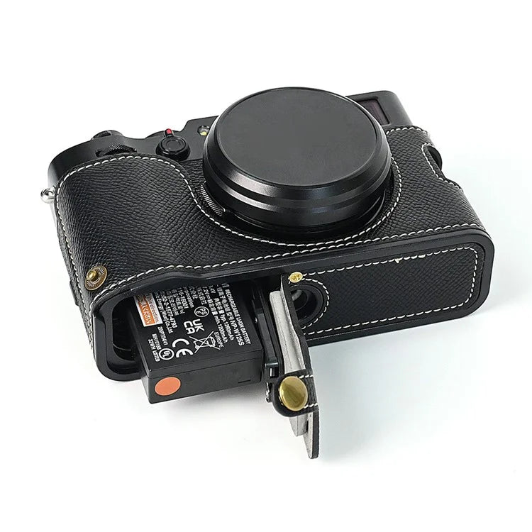 For Fuji X100V Battery Opening Design Palm Texture PU Leather Camera Case Half Body Bottom Case with Wrist Strap