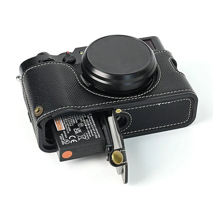 For Fuji X100V Battery Opening Design Palm Texture PU Leather Camera Case Half Body Bottom Case with Wrist Strap