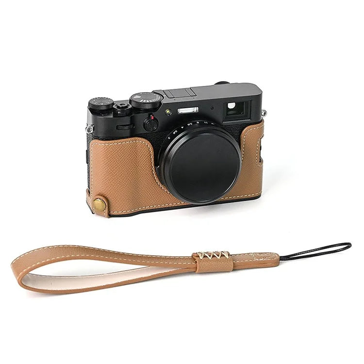 For Fuji X100V Battery Opening Design Palm Texture PU Leather Camera Case Half Body Bottom Case with Wrist Strap