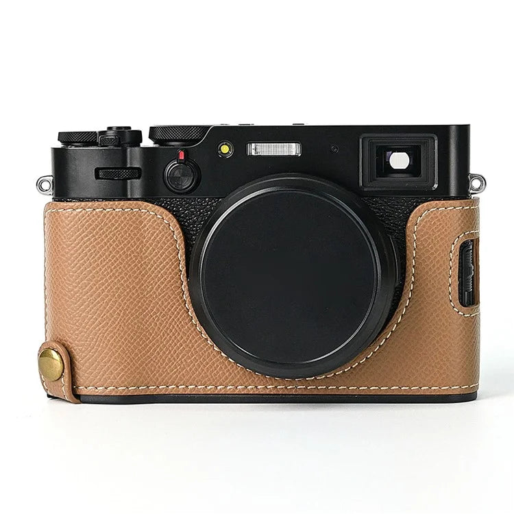 For Fuji X100V Battery Opening Design Palm Texture PU Leather Camera Case Half Body Bottom Case with Wrist Strap