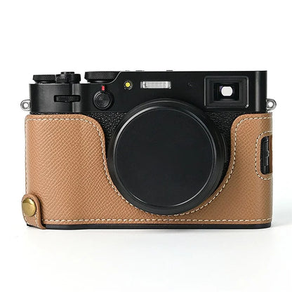 For Fuji X100V Battery Opening Design Palm Texture PU Leather Camera Case Half Body Bottom Case with Wrist Strap
