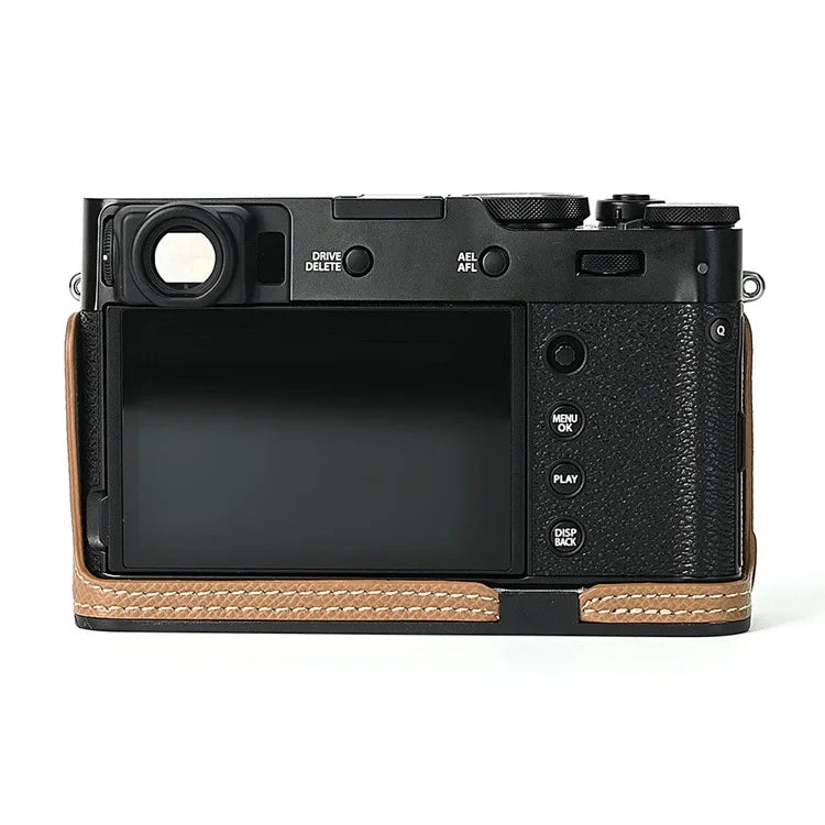 For Fuji X100V Battery Opening Design Palm Texture PU Leather Camera Case Half Body Bottom Case with Wrist Strap