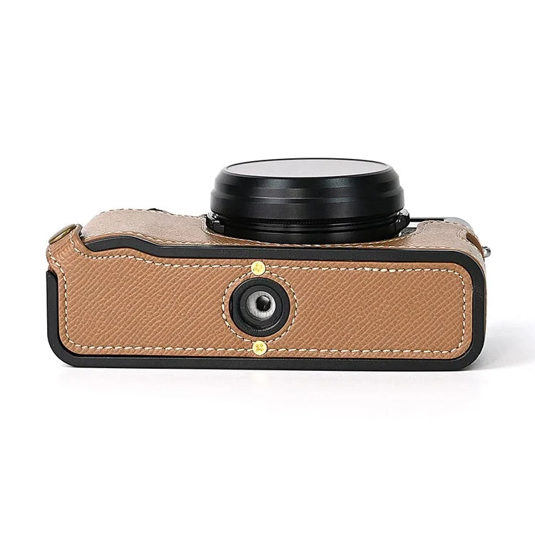 For Fuji X100V Battery Opening Design Palm Texture PU Leather Camera Case Half Body Bottom Case with Wrist Strap