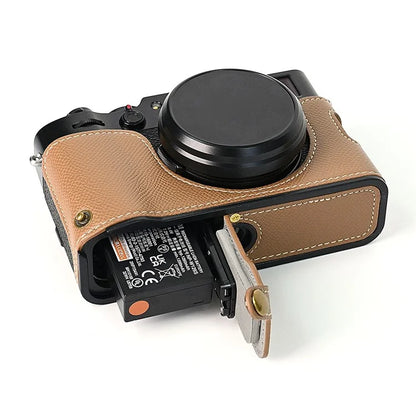 For Fuji X100V Battery Opening Design Palm Texture PU Leather Camera Case Half Body Bottom Case with Wrist Strap