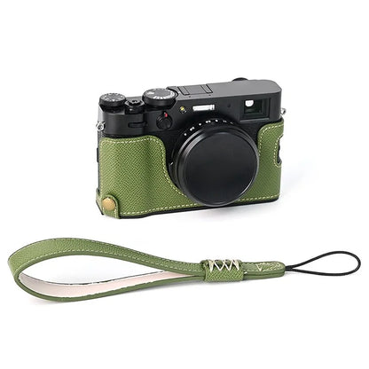 For Fuji X100V Battery Opening Design Palm Texture PU Leather Camera Case Half Body Bottom Case with Wrist Strap