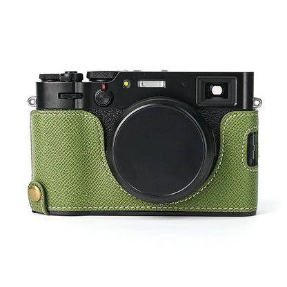 For Fuji X100V Battery Opening Design Palm Texture PU Leather Camera Case Half Body Bottom Case with Wrist Strap