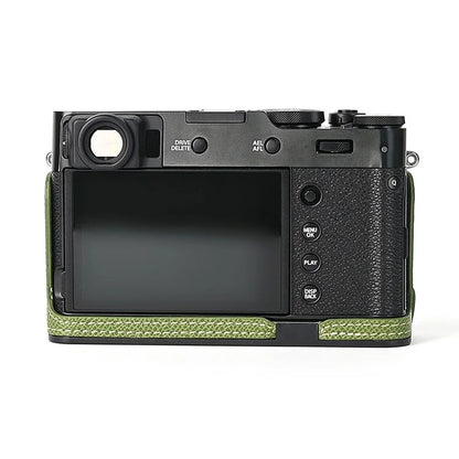 For Fuji X100V Battery Opening Design Palm Texture PU Leather Camera Case Half Body Bottom Case with Wrist Strap