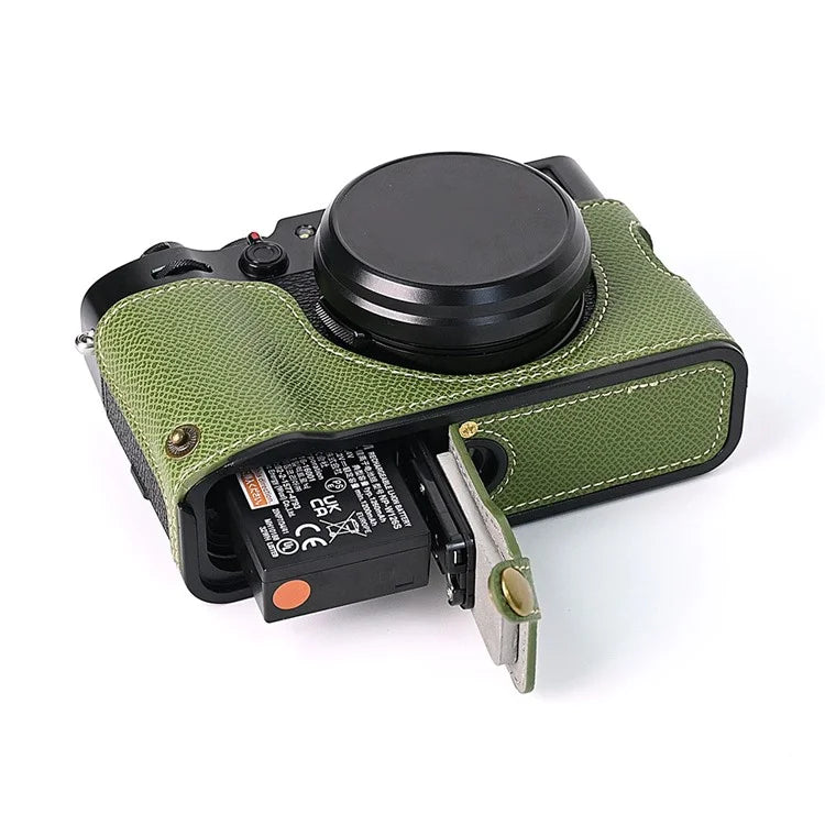 For Fuji X100V Battery Opening Design Palm Texture PU Leather Camera Case Half Body Bottom Case with Wrist Strap