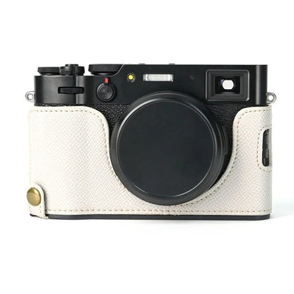 For Fuji X100V Battery Opening Design Palm Texture PU Leather Camera Case Half Body Bottom Case with Wrist Strap