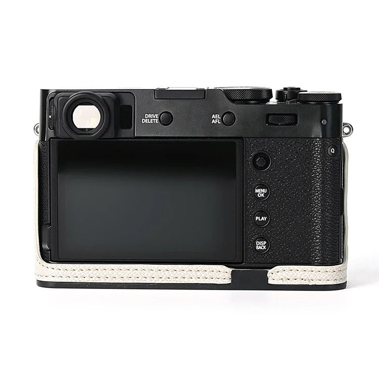For Fuji X100V Battery Opening Design Palm Texture PU Leather Camera Case Half Body Bottom Case with Wrist Strap
