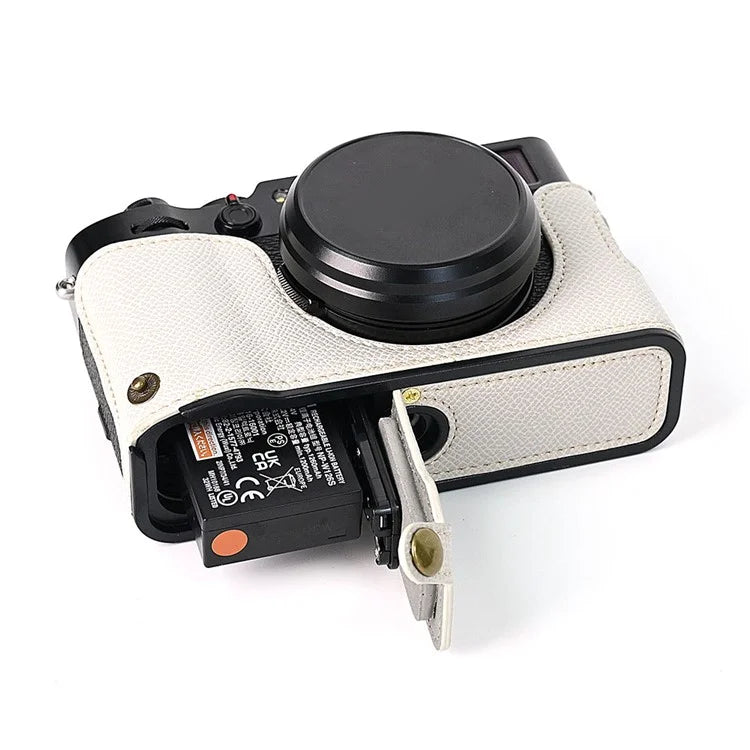 For Fuji X100V Battery Opening Design Palm Texture PU Leather Camera Case Half Body Bottom Case with Wrist Strap